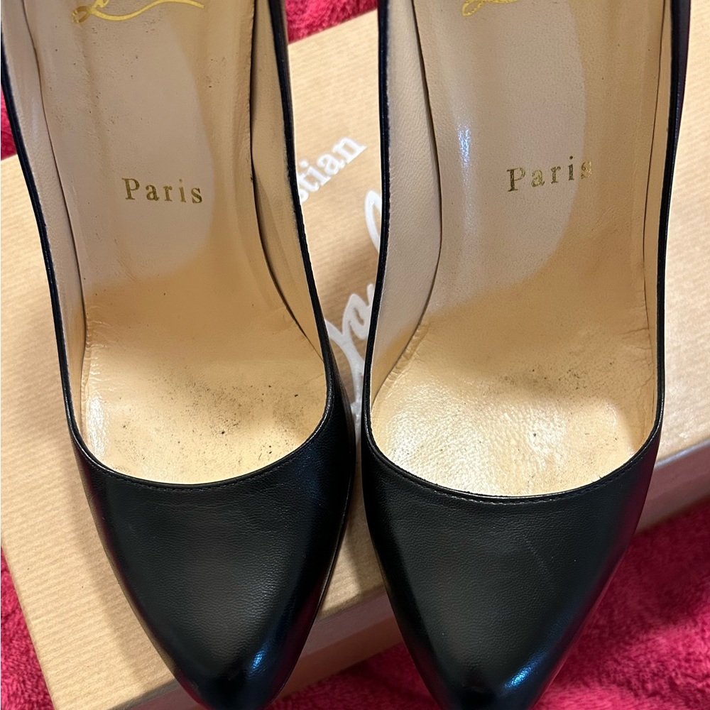 Black leather Christian Louboutin 4” heels. - Picture 9 of 11
